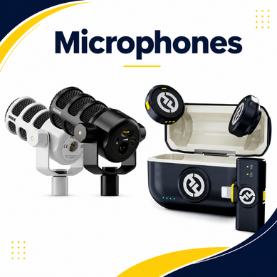 Microphones category thumbnail with podcast mics and wireless audio kit