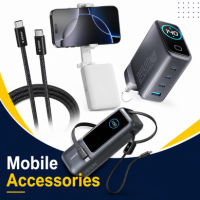 Mobile accessories with cables, charger, power bank, and phone holder