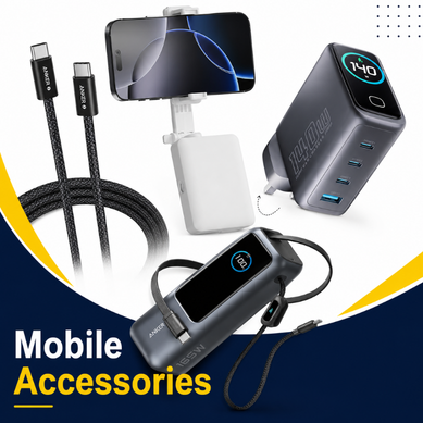 Mobile accessories with cables, charger, power bank, and phone holder