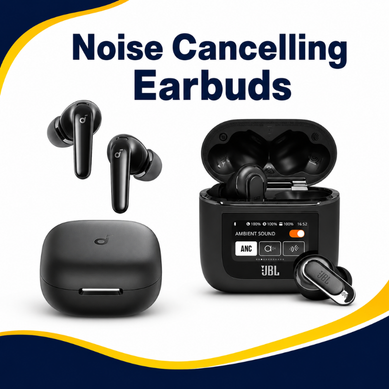Noise cancelling earbuds category thumbnail with black wireless earbuds and charging cases