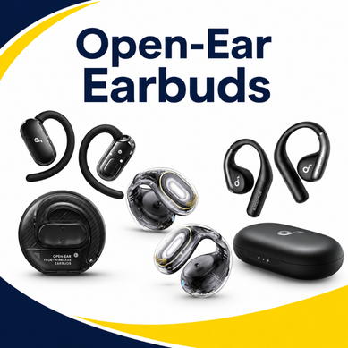 Open-ear earbuds category thumbnail with wireless ear hooks and charging cases