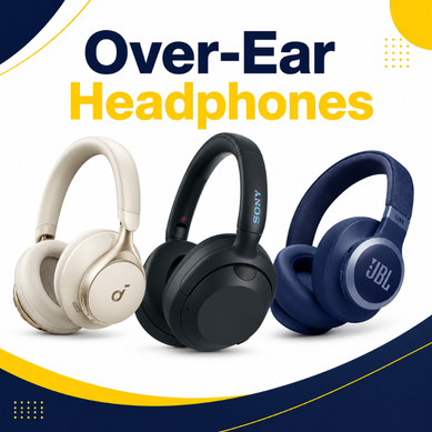 Over-ear headphones category thumbnail with cream, black and blue wireless designs