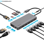 Powerology 12 in 1 USB C hub showing ports HDMI DisplayPort Ethernet USB SD card connectivity Nairobi Kenya