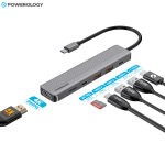 Powerology 6-in-1 USB-C hub showing 4K HDMI USB 3.2 ports fast data transfer and SD card support Kenya