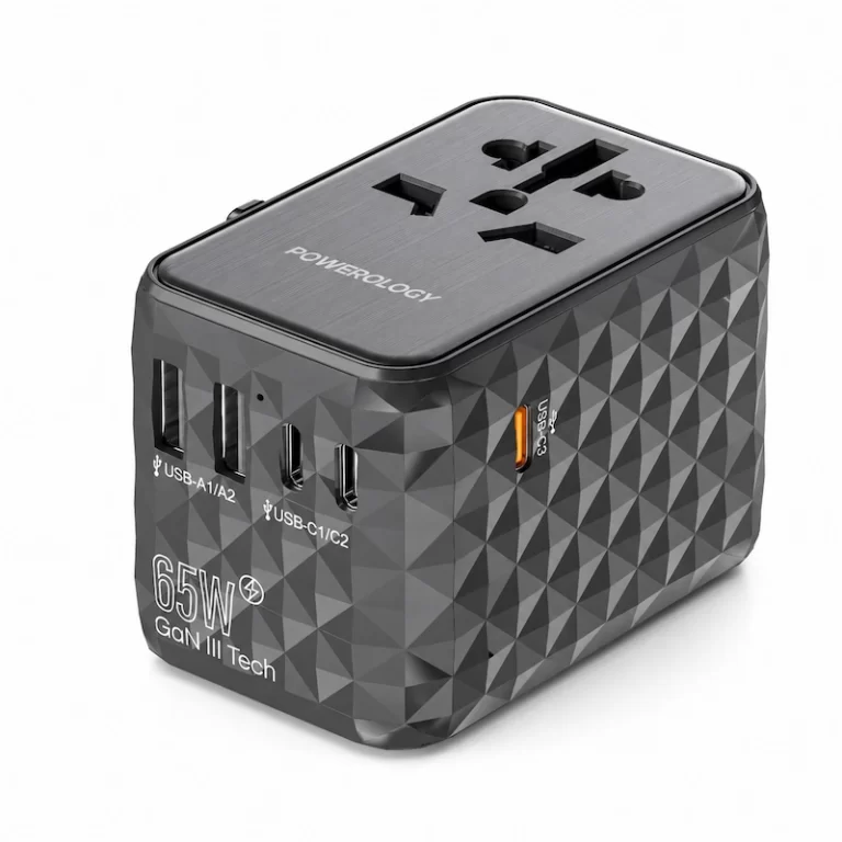 Powerology 65W GaN travel adapter with USB-C and USB-A ports