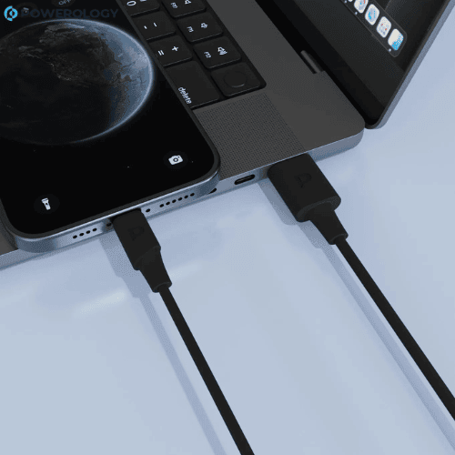 Powerology Lightning Cable Data Sync and Charging Nairobi Kenya Powerology USB-A to Lightning cable connected to laptop for data sync Nairobi Kenya