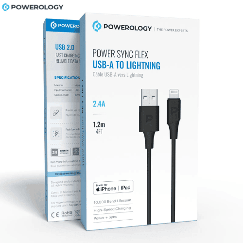 Powerology USB-A to Lightning Cable 2.4A 1.2m iPhone Charger Nairobi Kenya Powerology USB-A to Lightning cable 2.4A retail box Nairobi Kenya iPhone charging cable