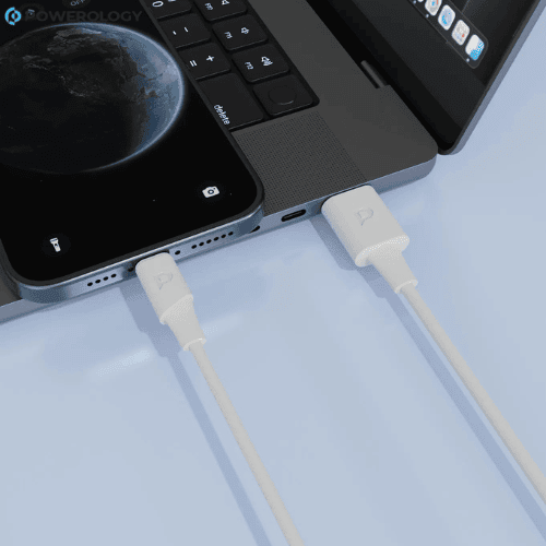 Powerology White Lightning Cable Data Sync and Charging Nairobi Kenya Powerology white Lightning cable connected to laptop iPhone charging Nairobi Kenya