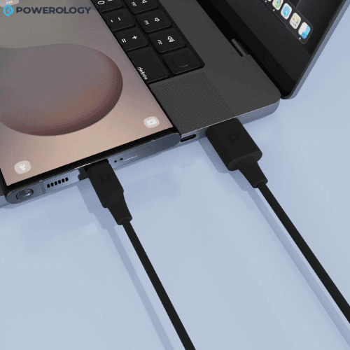 Powerology USB-C Cable PD 20W Charging and Data Sync Nairobi Kenya Powerology USB-C cable black connected to laptop charging Nairobi Kenya
