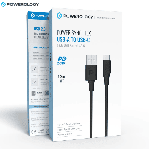 Powerology USB-A to USB-C PD 20W Cable Black 1.2m Nairobi Kenya Powerology USB-A to USB-C PD 20W cable black retail box Nairobi Kenya