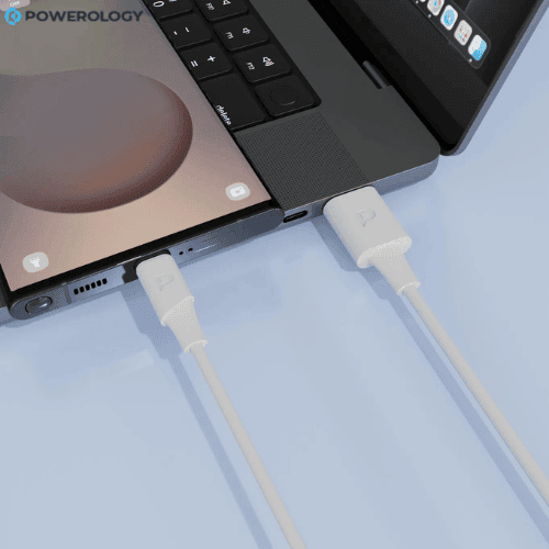 Powerology White USB-C Cable PD 20W Charging Nairobi Kenya Powerology white USB-C cable charging device connected to laptop Nairobi Kenya