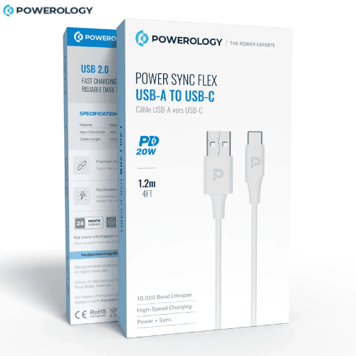 Powerology USB-A to USB-C PD 20W Cable White 1.2m Nairobi Kenya Powerology USB-A to USB-C PD 20W cable white retail box Nairobi Kenya