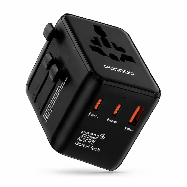 Porodo Universal Travel GaN Quick Charger angled view with three USB ports