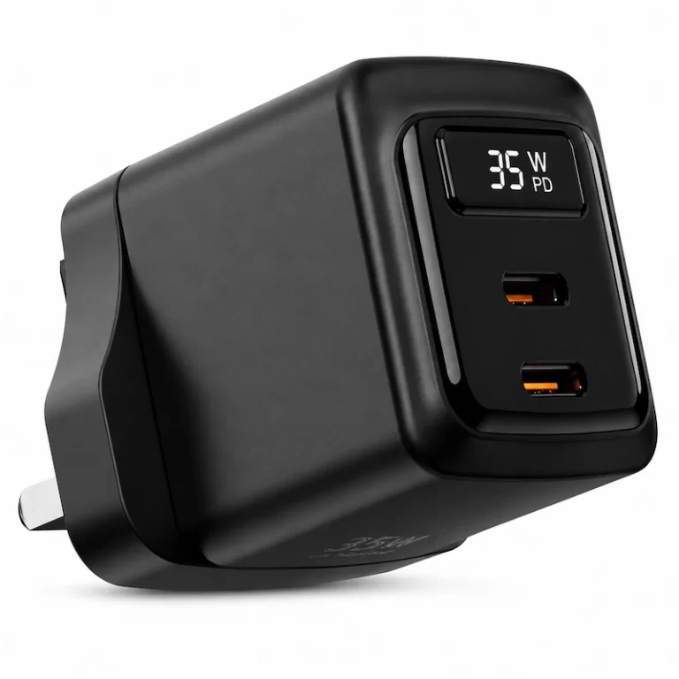 Porodo GaN 35W Dual USB-C Wall Charger angled view with power display