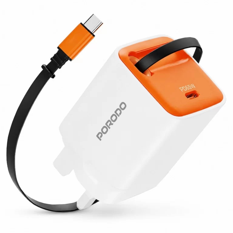 Porodo Tezpatro 65W GaN charger in white with retractable USB-C cable extended