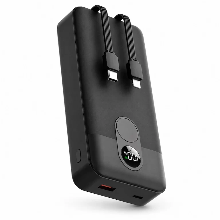 Porodo 20000mAh Power Bank with Integrated Cables showing dual cables and digital display