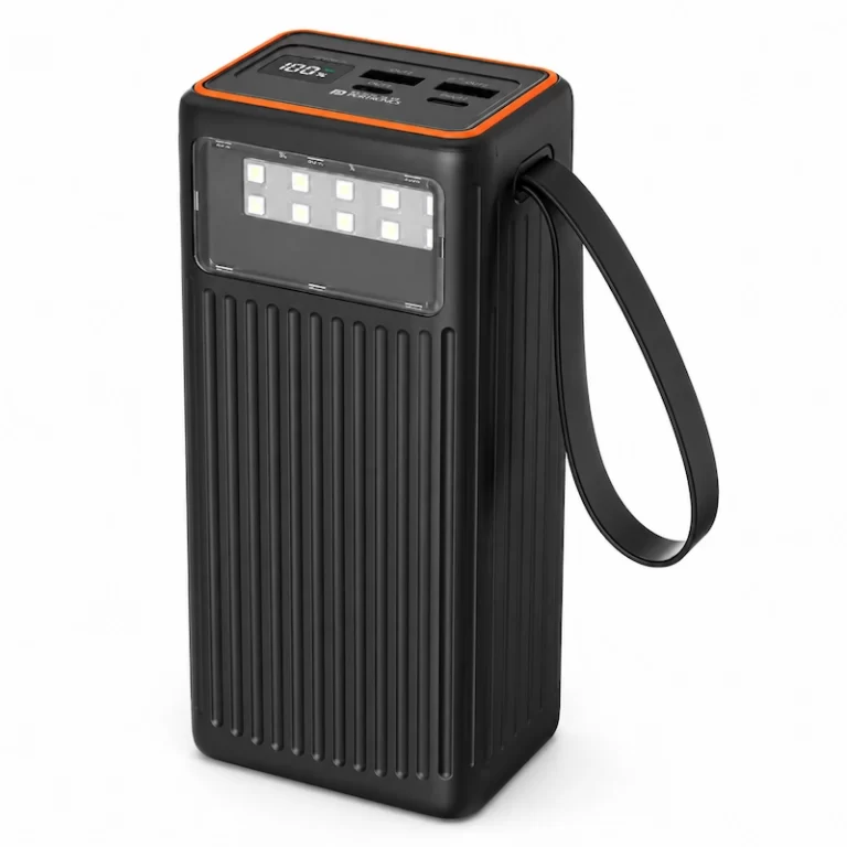 Porodo 40000mAh Power Bank angled view with LED light and strap