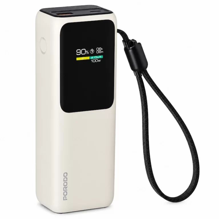 Porodo Smart Display 20000mAh Power Bank angled view with built-in USB-C cable