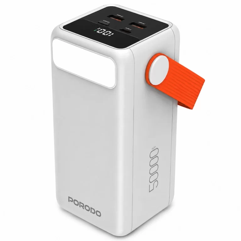 Porodo PortaPower 50000mAh power bank retail box showing 20W fast charging and LED flashlight features