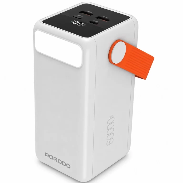 Porodo PortaPower 60000mAh power bank standing upright with orange handle and LED display