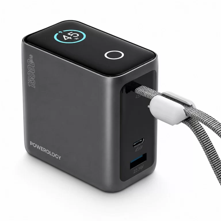 Powerology 15000mAh Mini Power Bank with built-in USB-C cable and display