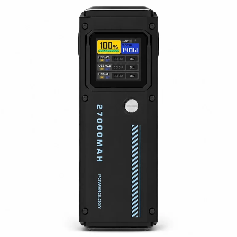 Powerology 27000mAh Smart Display Power Bank front view with charging status screen