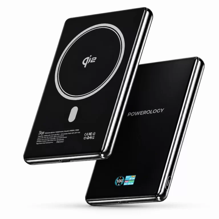 Powerology Skye 10000mAh MagSafe Power Bank showing Qi2 ring and smart display