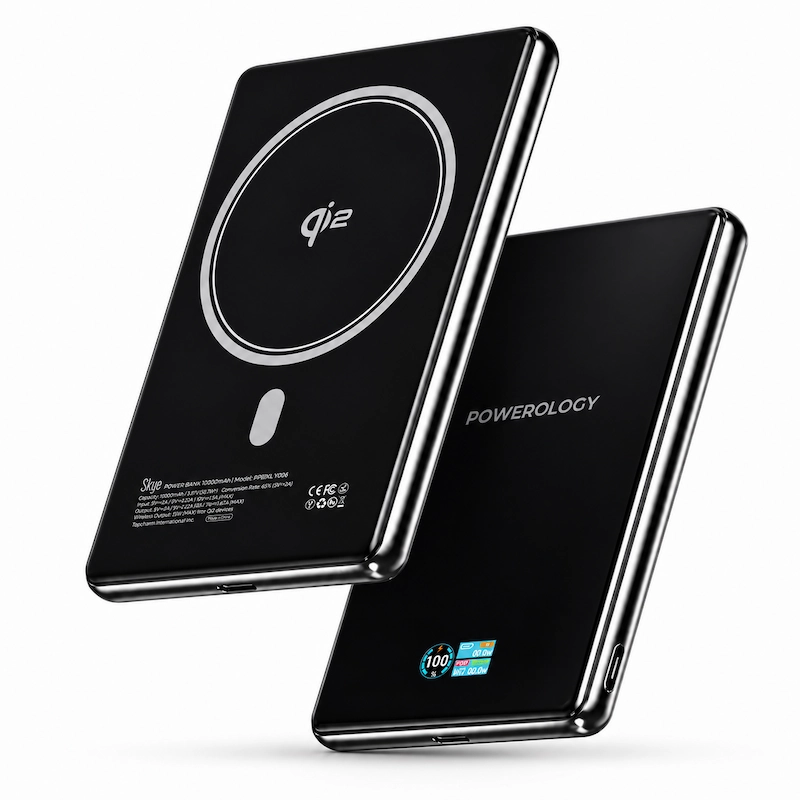 Powerology Skye 10000mAh MagSafe Power Bank Powerology Skye 10000mAh MagSafe Power Bank showing Qi2 ring and smart display