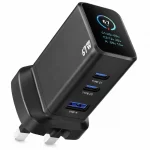 Powerology GaNex 67W GaN wall charger angled view showing live display