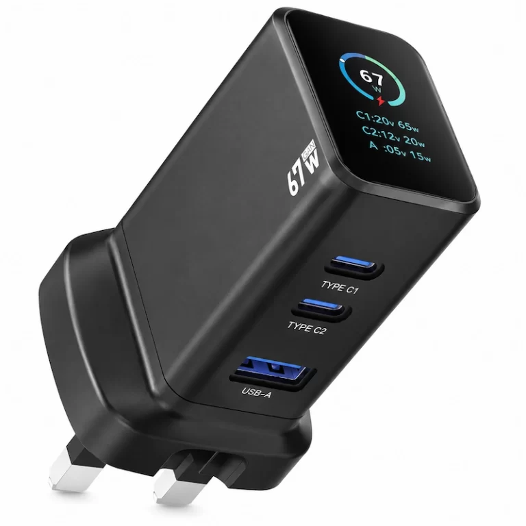 Powerology GaNex 67W GaN wall charger angled view showing live display