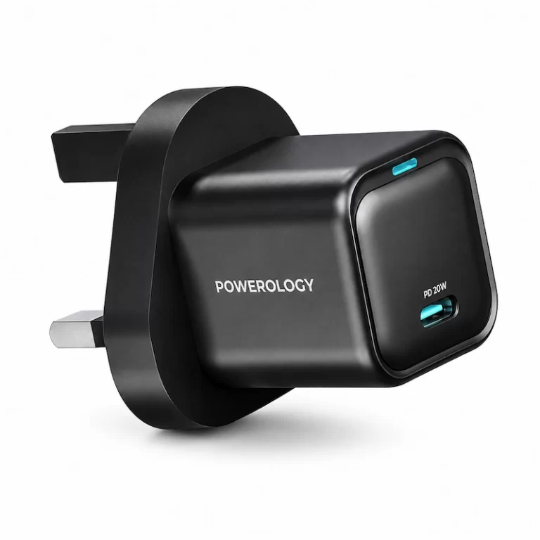 Powerology Ultra-Compact GaN charger 20W angled view showing USB-C port
