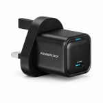 Powerology Ultra-Compact GaN charger 20W side angle with PD port label