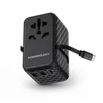 Powerology black universal charger with retractable USB-C cable and ports