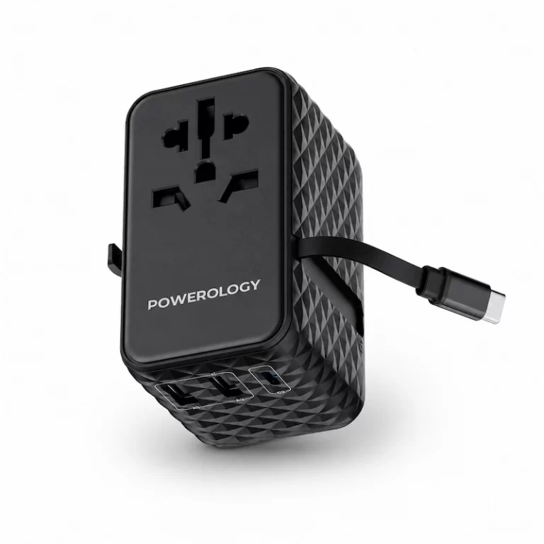 Powerology black universal charger with retractable USB-C cable and ports