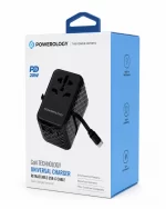 Powerology 20W GaN universal charger retail packaging box in black