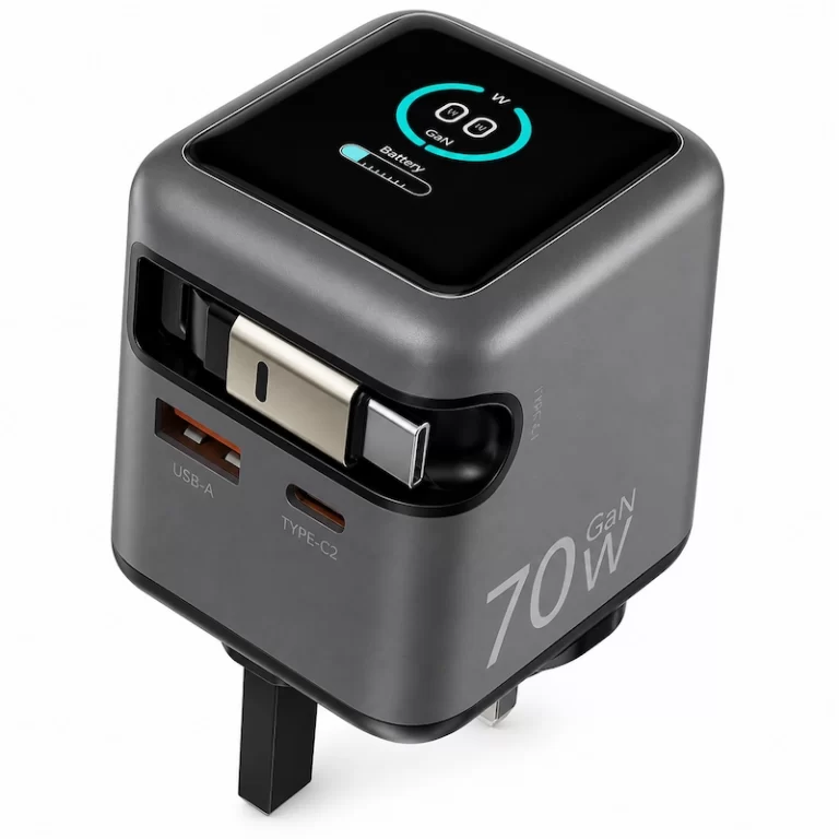 Powerology 70W GaN cube charger angled view with fold-out Type-C connector extended