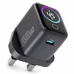 Powerology VoltFlow 45W AVS GaN wall charger angled view with active display
