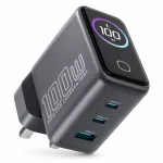 Powerology VoltFlow 100W AVS GaN wall charger angled view with labeled ports
