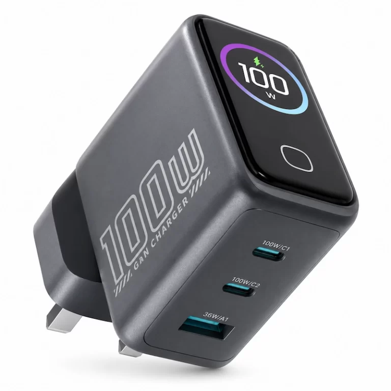 Powerology VoltFlow 100W AVS GaN wall charger angled view with labeled ports