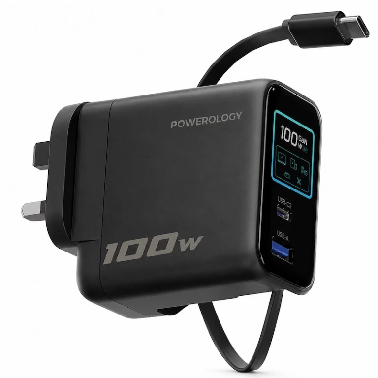 Powerology 100W AI TFT adapter GaN charger with retractable USB-C cable extended
