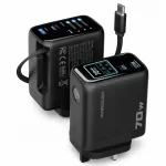 Powerology 70W AI TFT adapter GaN charger shown front and back with ports