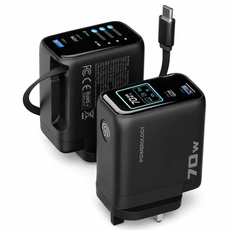 Powerology 70W AI TFT adapter GaN charger shown front and back with ports