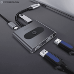 Powerology 4 in 1 USB C hub connected to laptop with dual HDMI cables and USB devices Nairobi Kenya