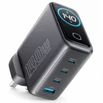 Powerology VoltFlow 140W GaN wall charger black angled view with ports