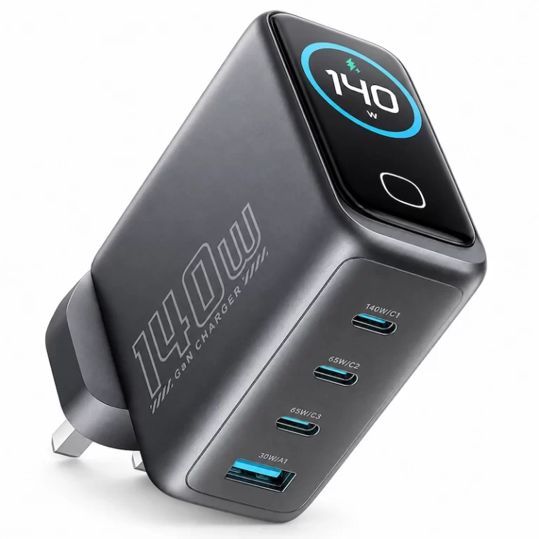 Powerology VoltFlow 140W GaN wall charger black angled view with ports