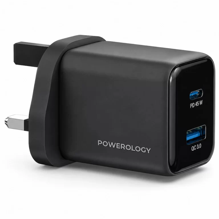 Powerology Volt-X 45W dual-port GaN wall charger angled view showing PD and QC ports