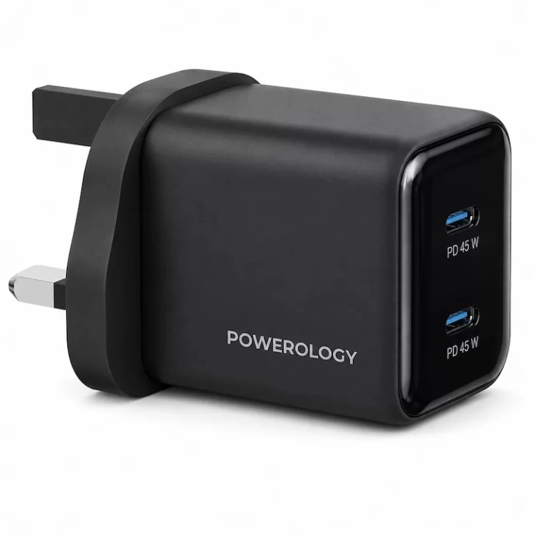 Powerology Volt-X 45W dual-port GaN wall charger angled view with two PD ports