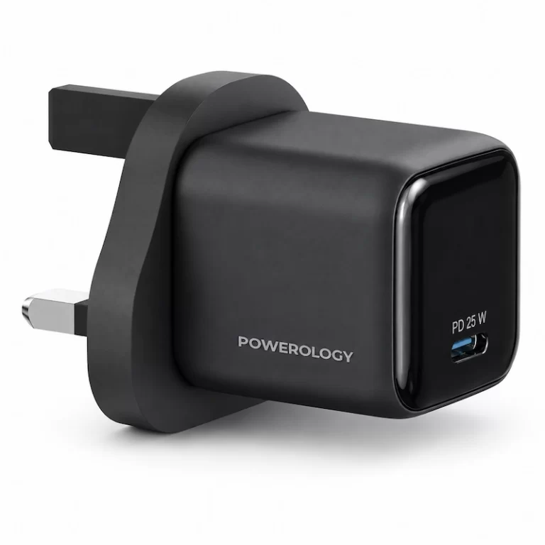 Powerology Volt-X 25W mini GaN wall charger angled view with USB-C port