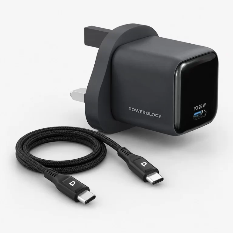 Powerology Volt-X 25W mini GaN wall charger with braided USB-C to USB-C cable