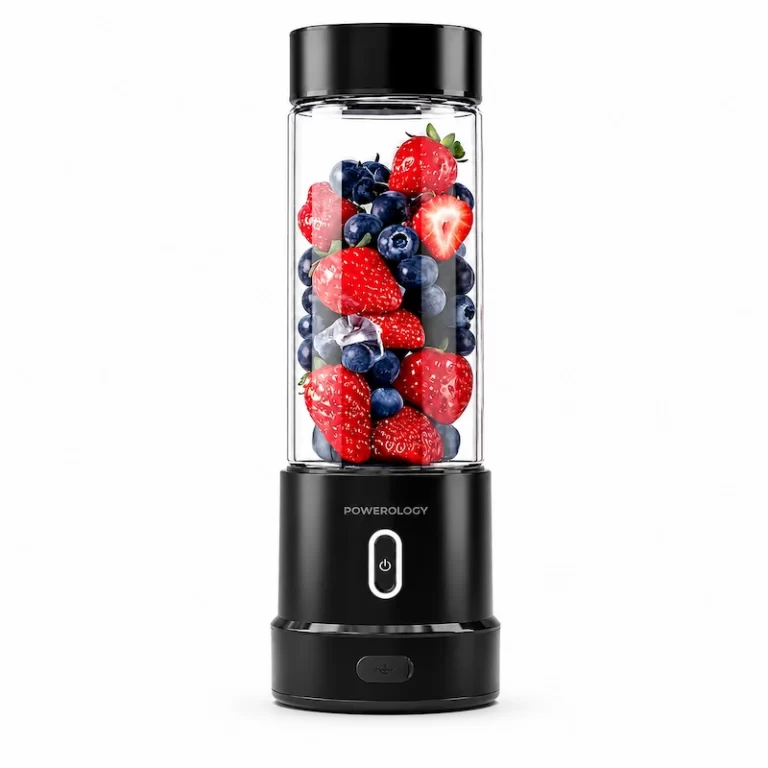 Powerology VitroMix Portable Blender front view filled with berries and ice